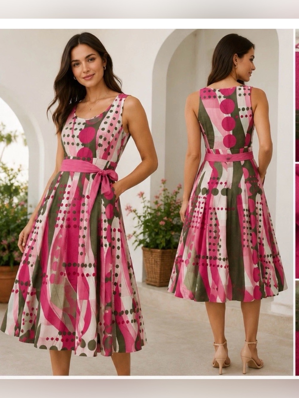 Phase Eight Pink Abstract Polka Dot Cotton Fit & Flare Dress Size 8  fully lined